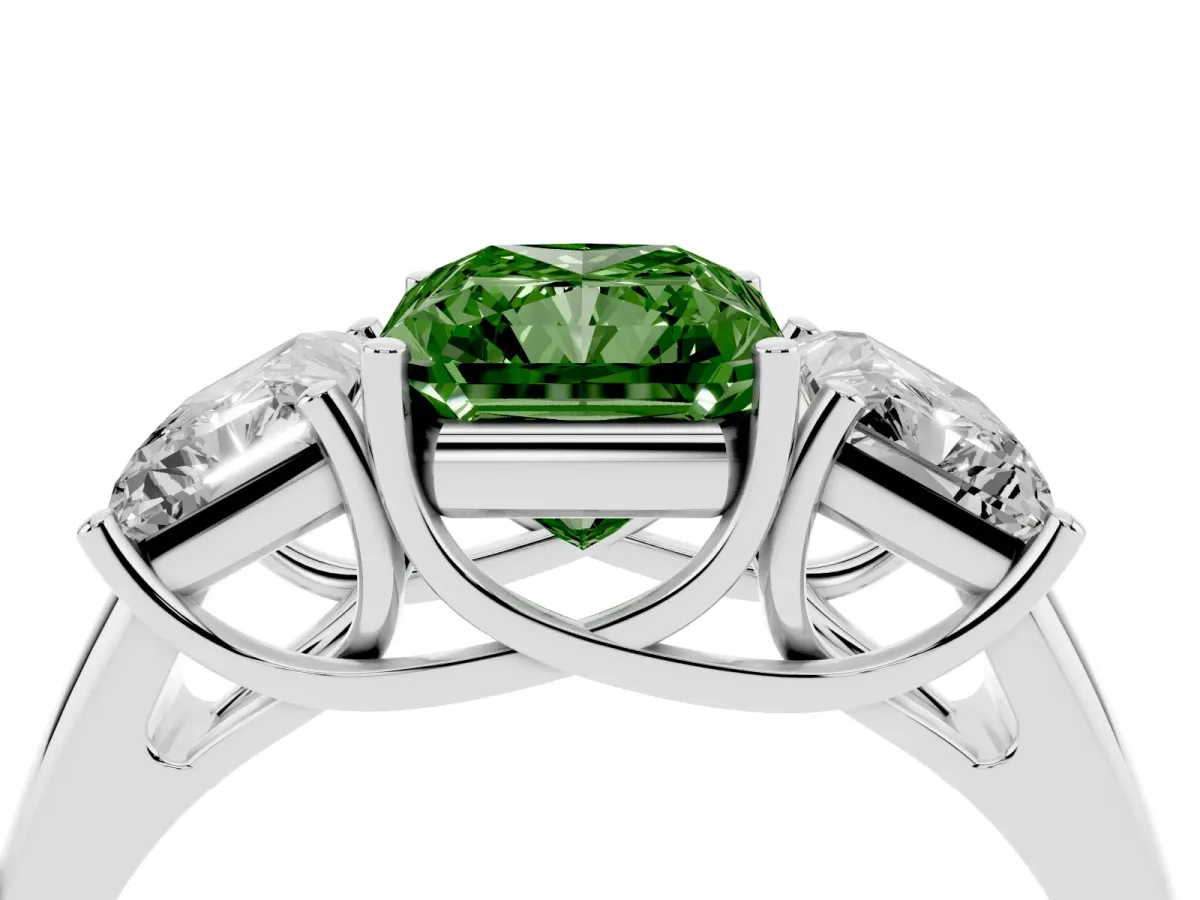 Fancy Green Three-Stone Radiant Cut Diamond Engagement Ring with Prong Setting White gold