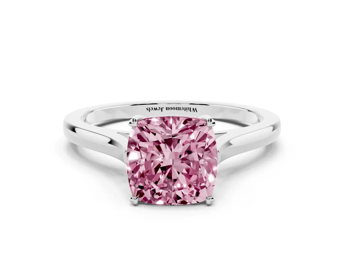 Fancy Pink Cushion Cut Solitaire Heart Prong Engagement Ring with Tapered Band Platinum