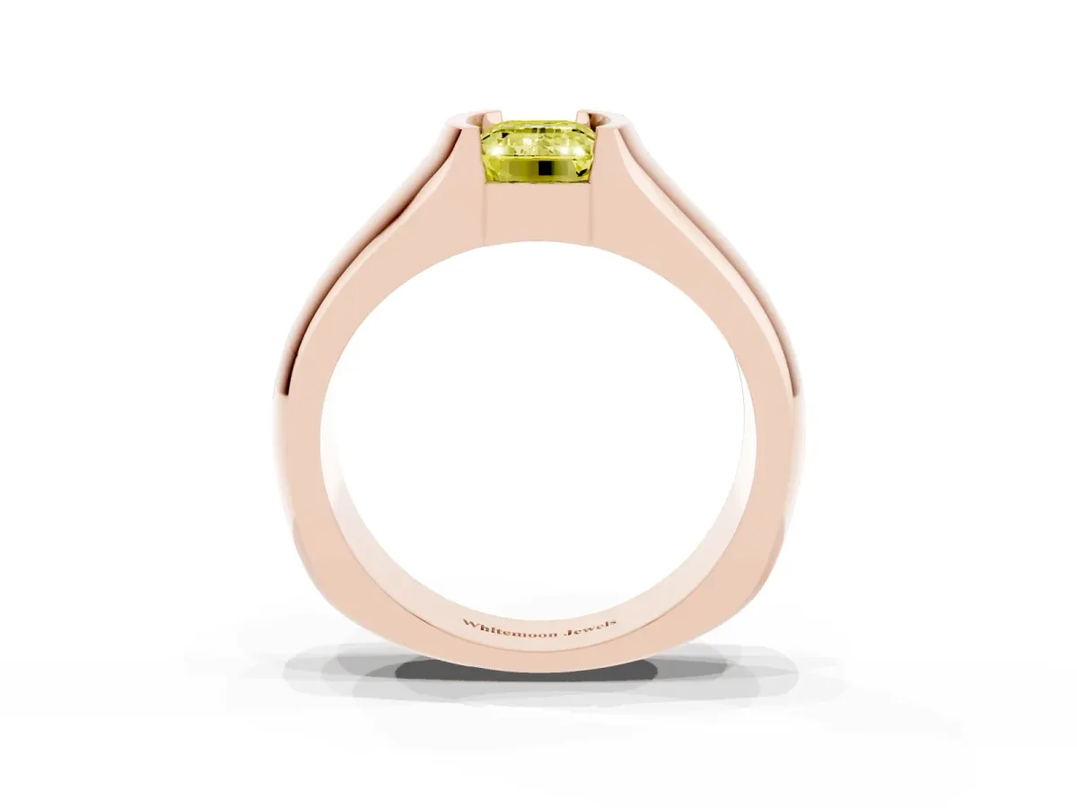 Fancy Yellow Emerald Cut Solitaire Bezel Set Diamond Ring with Wide Band Rose gold
