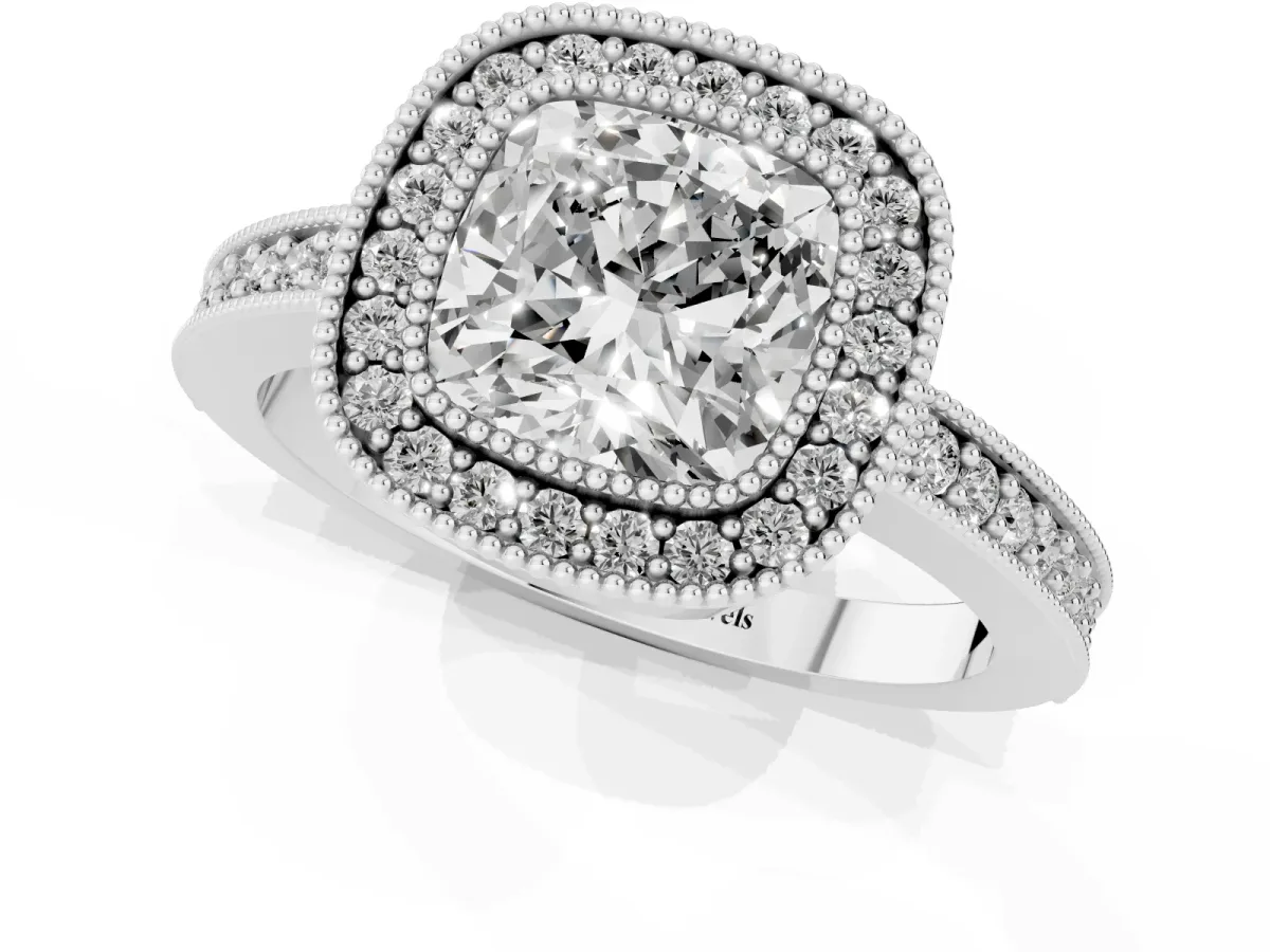 Cushion Cut-Cut Diamond Halo Engagement Ring with Pave Band and Prong Setting Platinum