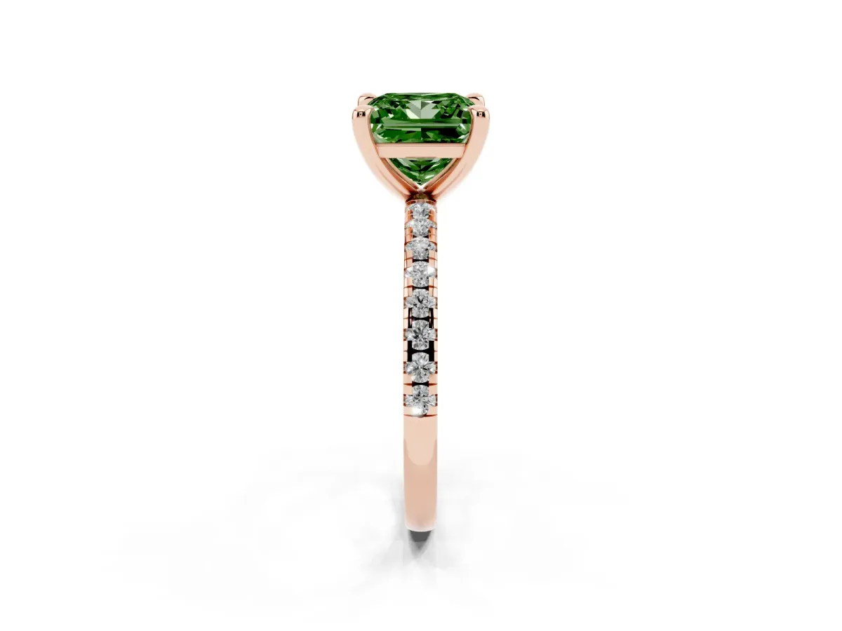 Fancy Green Princess Cut Diamond Brilliant Solitaire Ring with Pavé Band and Four-Prong Setting Rose gold