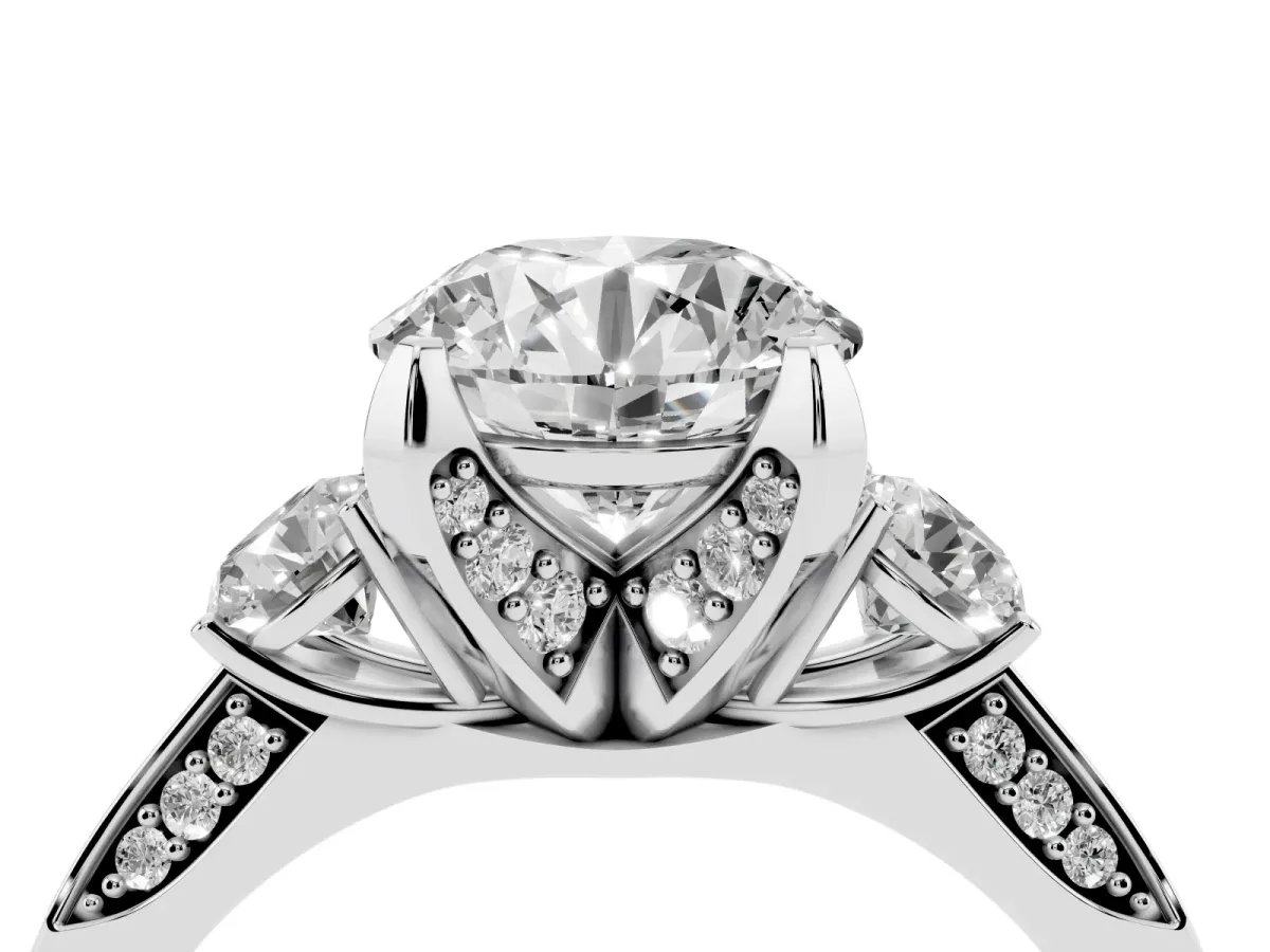 Round Cut Brilliant Three-Stone Diamond Ring with Pavé Band and Four-Prong Setting Silver