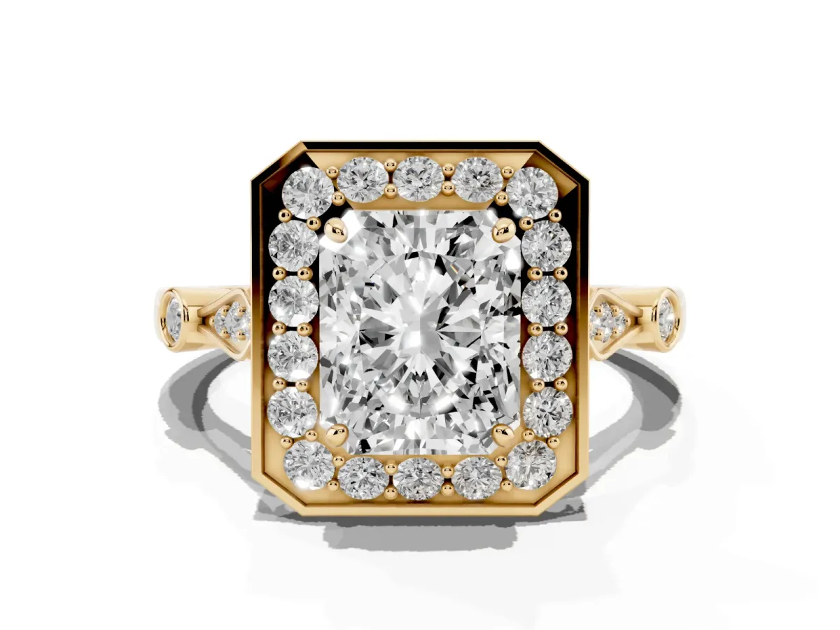 Radiant Cut Halo Diamond Engagement Ring with Twisted Band and Four-Prong Setting Yellow gold