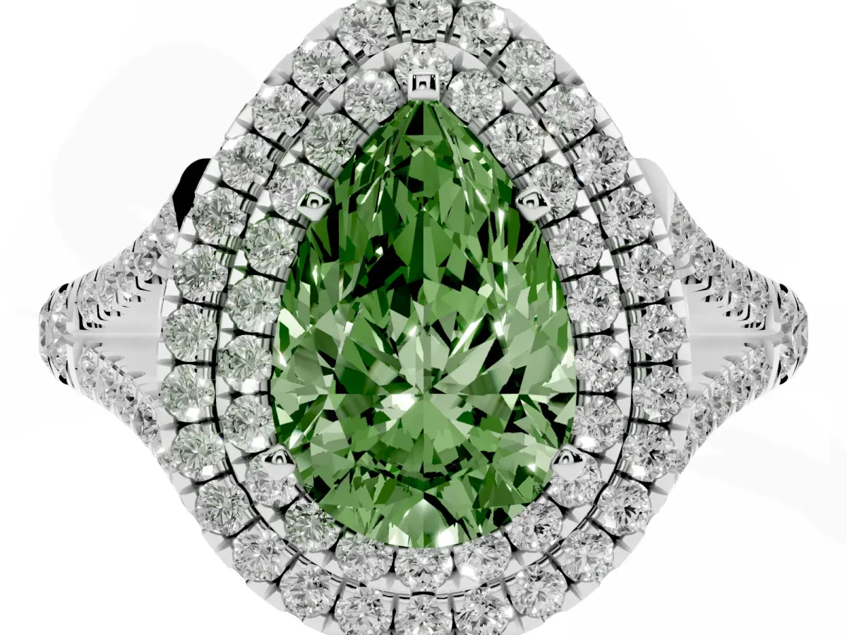 Fancy Green Pear Cut Cut Double Halo Split Shank Diamond Ring with Prong Setting Silver