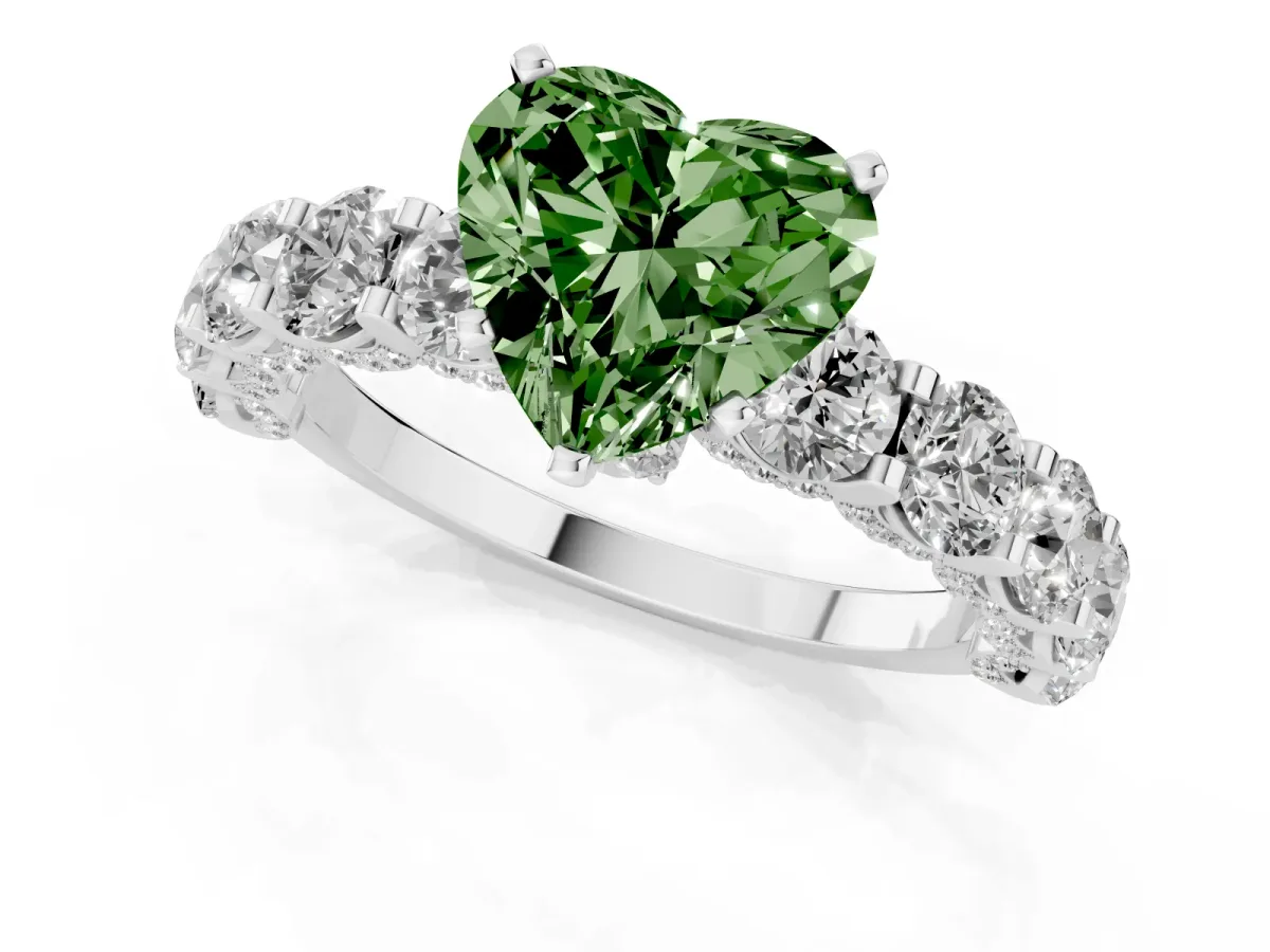 Fancy Green Heart Cut Diamond Side Stone Engagement Ring with Four-Prong Setting Silver