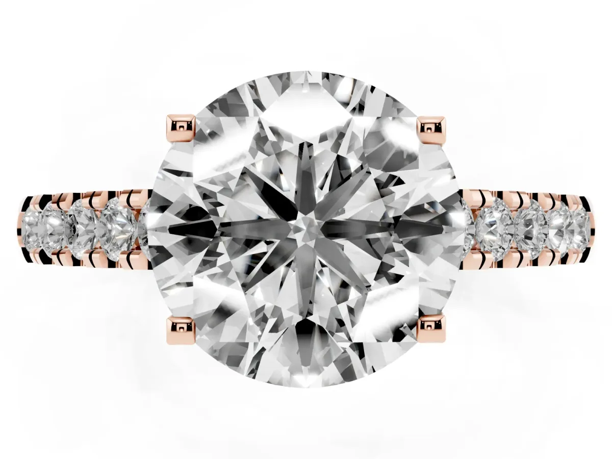 Round Cut Diamond Pavé Band Solitaire Ring with Prong Setting Rose gold