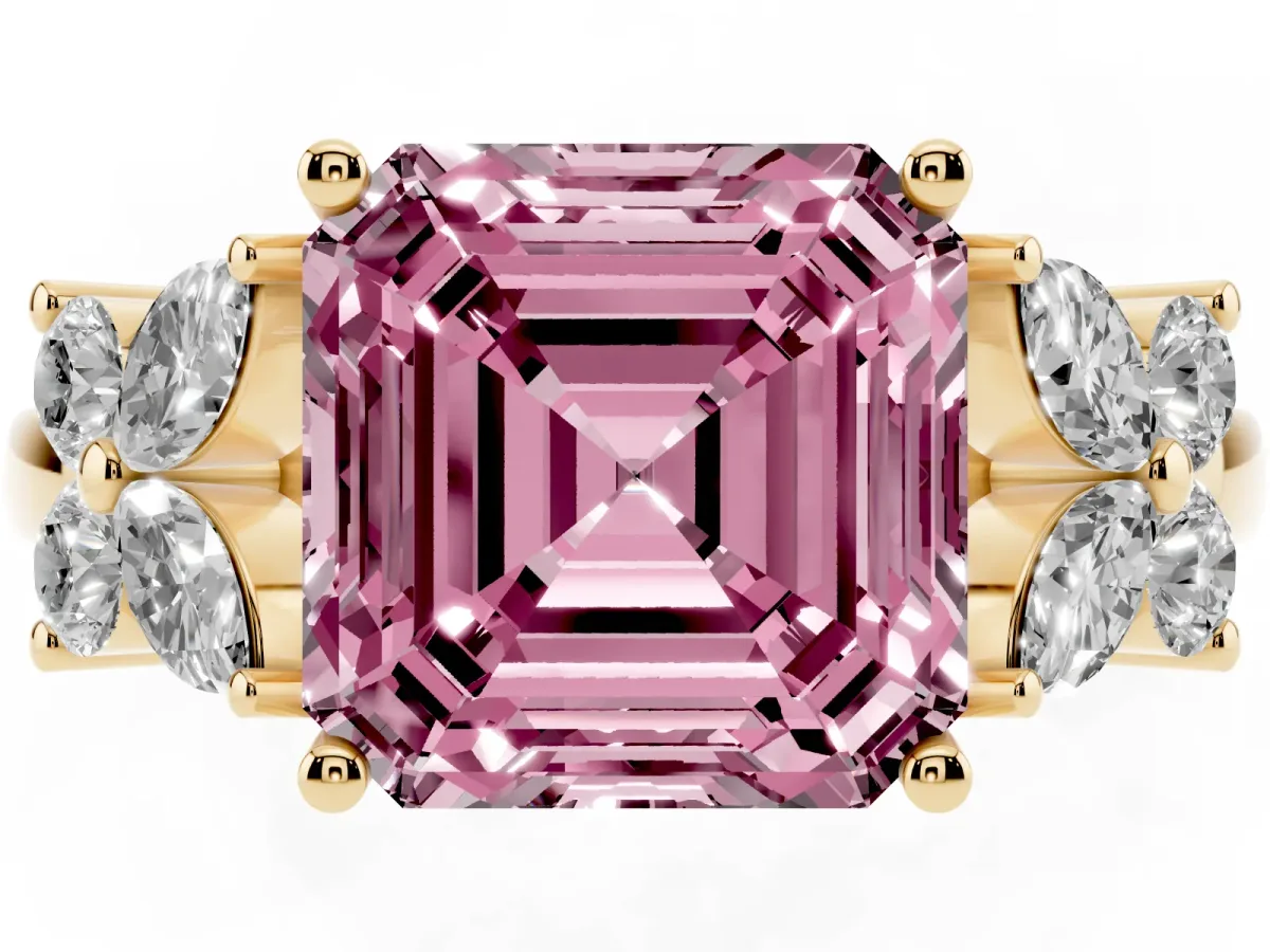 Fancy Pink Princess Cut Diamond Floral Cluster Ring with Solitaire Band and Prong Setting Yellow gold