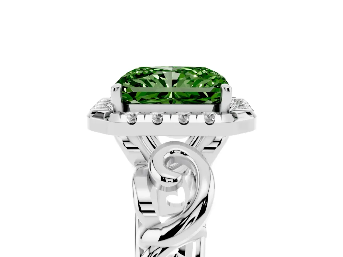 Fancy Green Radiant Cut Cut Halo Diamond Ring with Scrollwork Band and Four-Prong Setting Platinum
