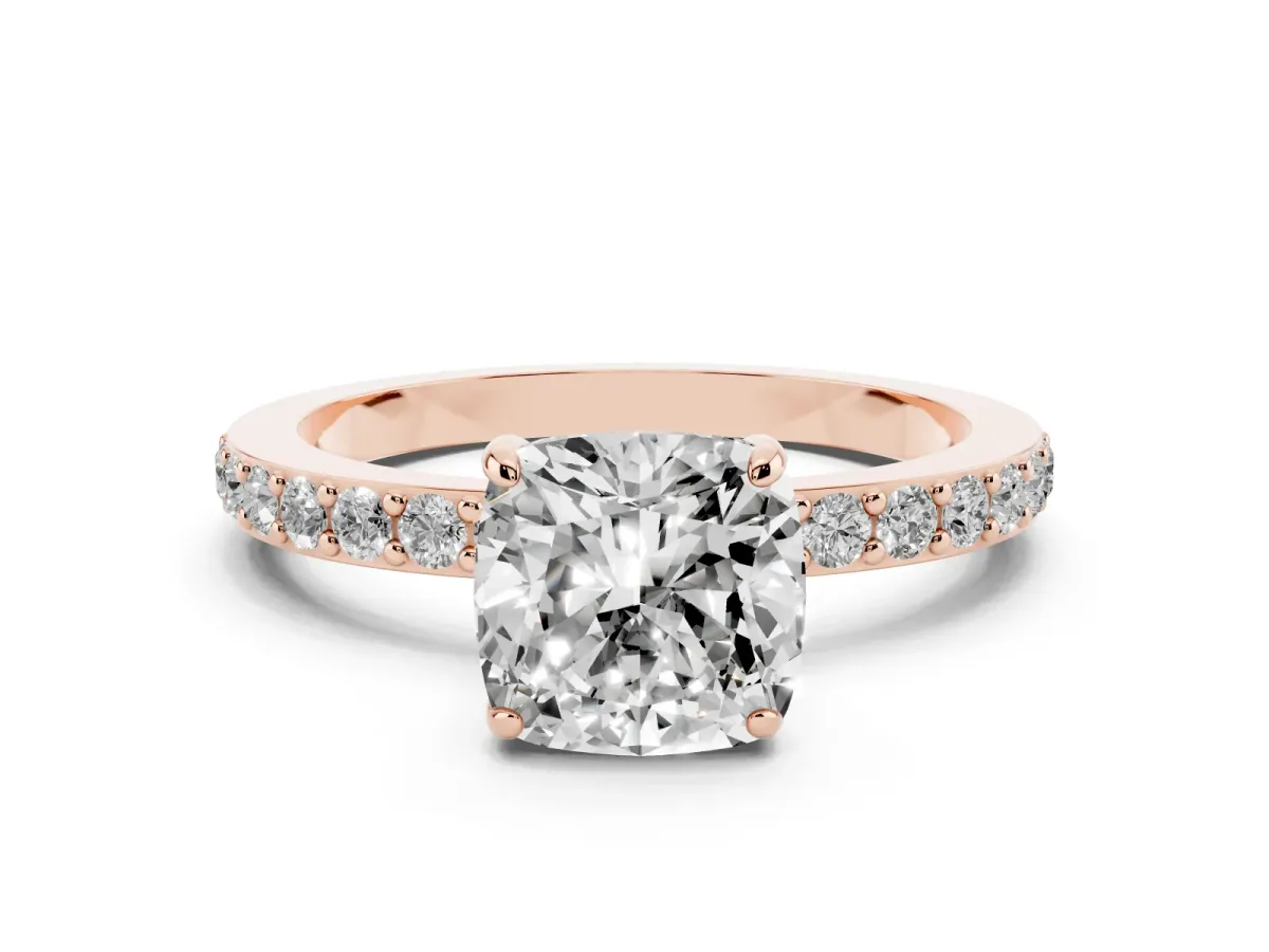 Cushion Cut Diamond Solitaire Engagement Ring with Pavé Band and Four-Prong Setting Rose gold