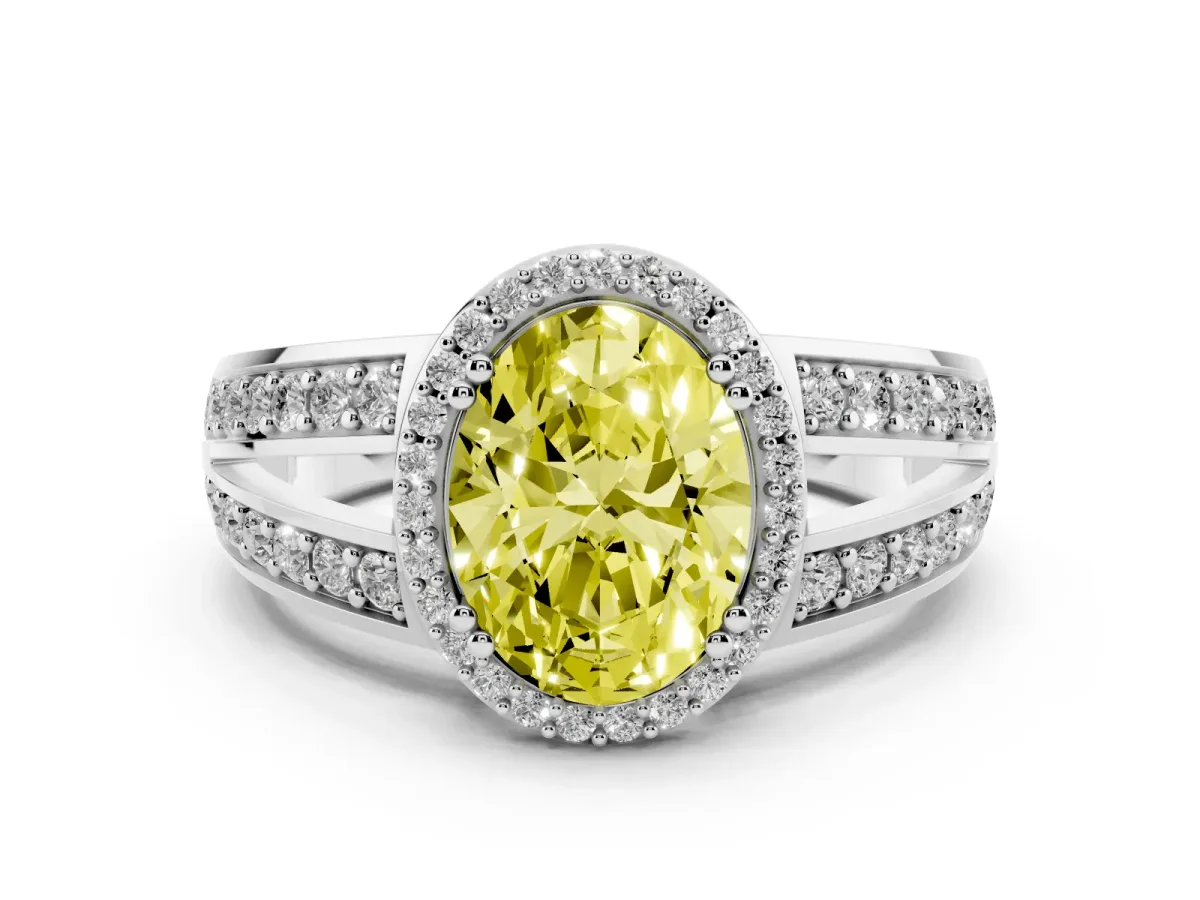 Fancy Yellow Oval Cut Diamond Halo Ring with Split Shank Pavé Band and Four-Prong Setting Platinum