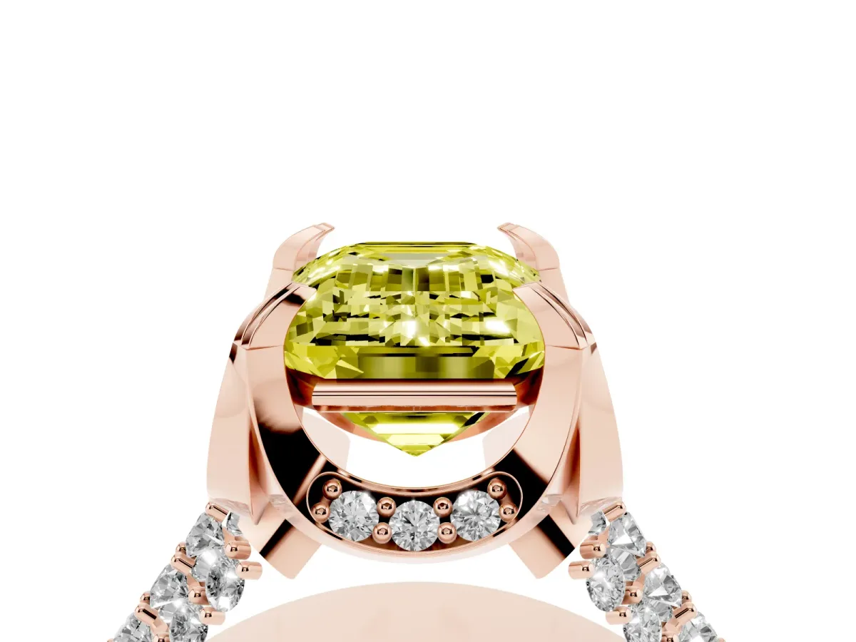 Fancy Yellow Emerald Cut Solitaire Pave Split Shank Ring with Four-Prong Setting Rose gold