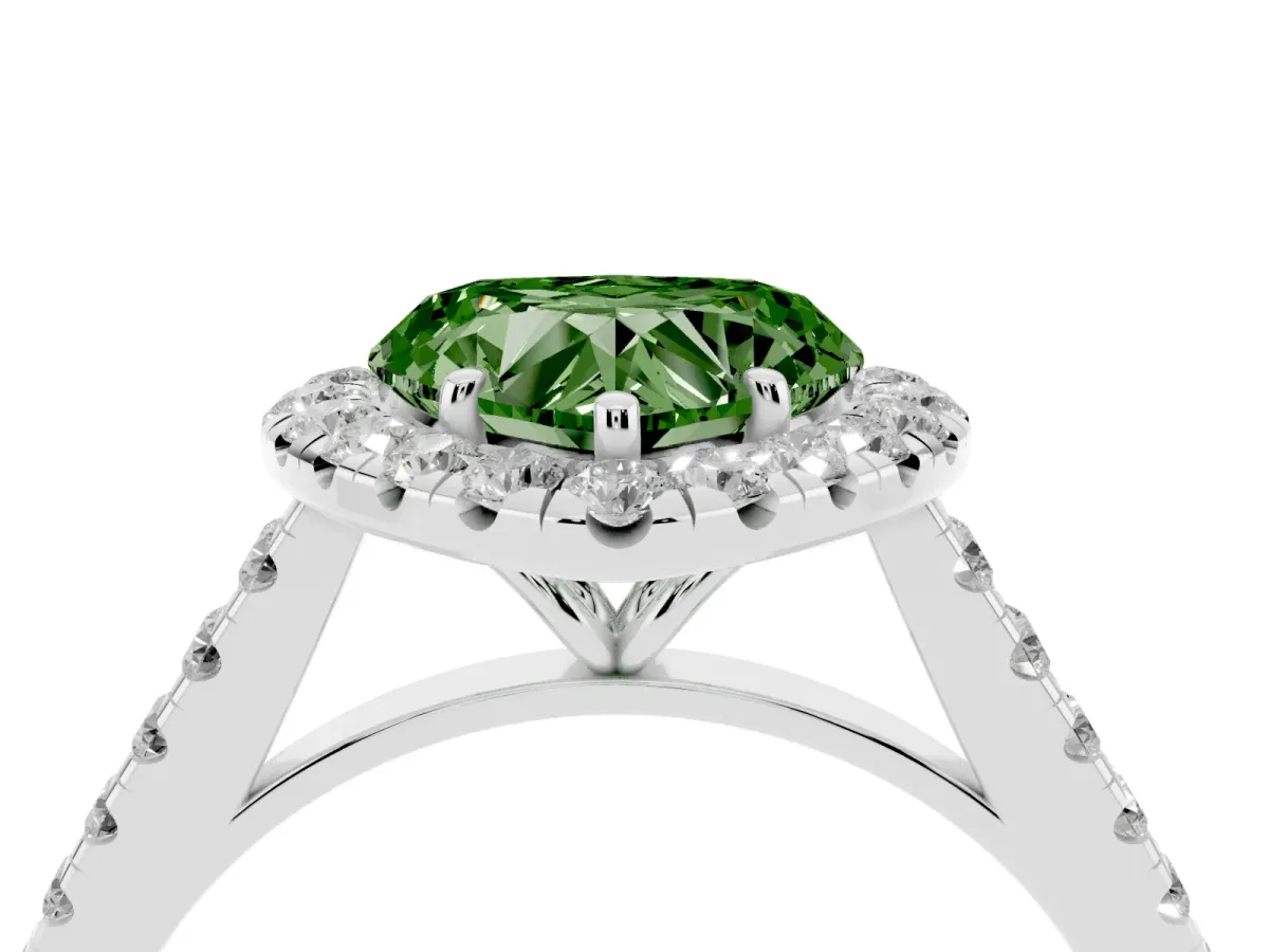 Fancy Green Heart Cut Halo Pave Diamond Engagement Ring with Four-Prong Setting Platinum