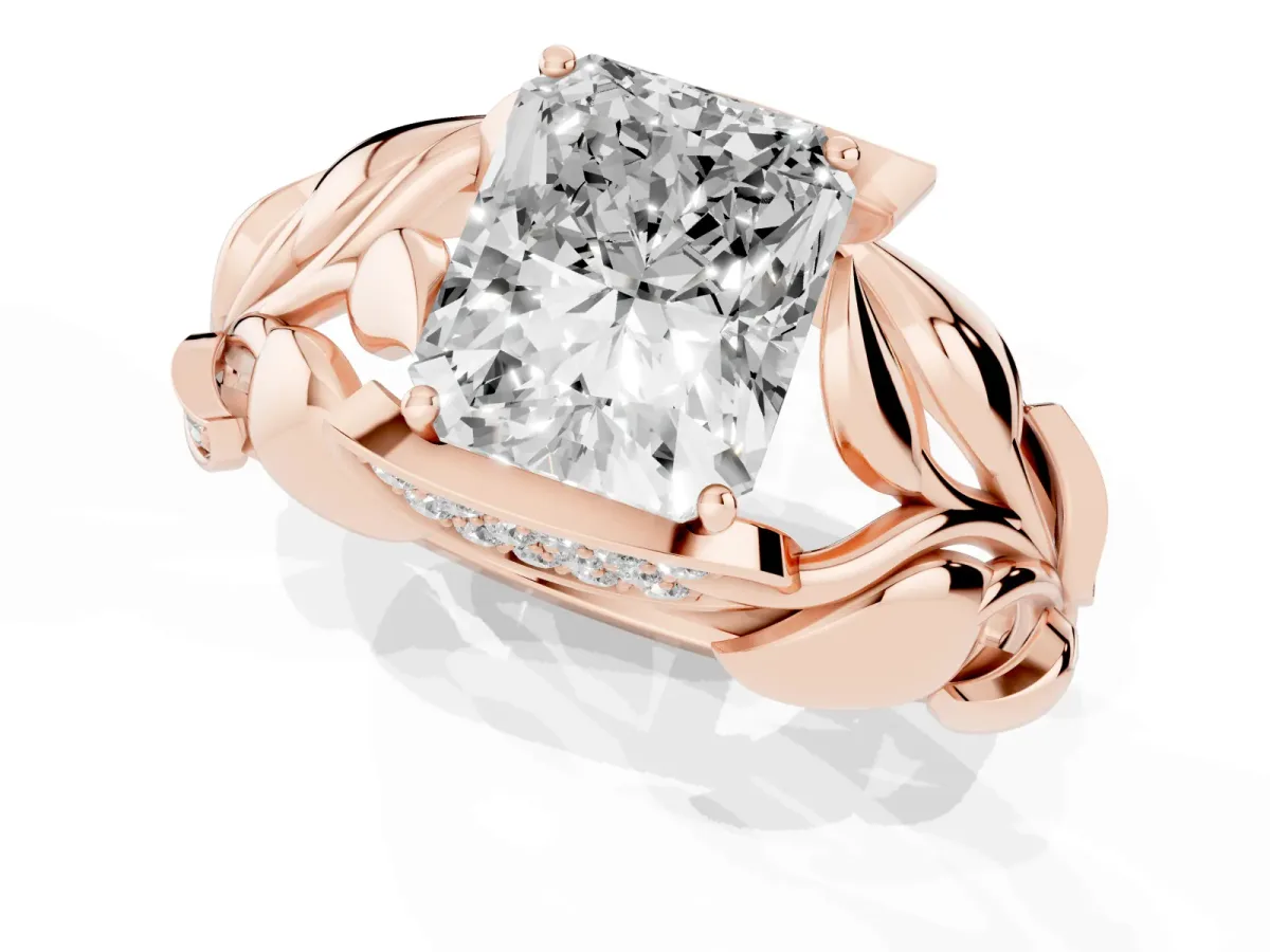 Radiant Cut Diamond Leaf-Inspired Engagement Ring with Round Accents and Prong Setting Rose gold