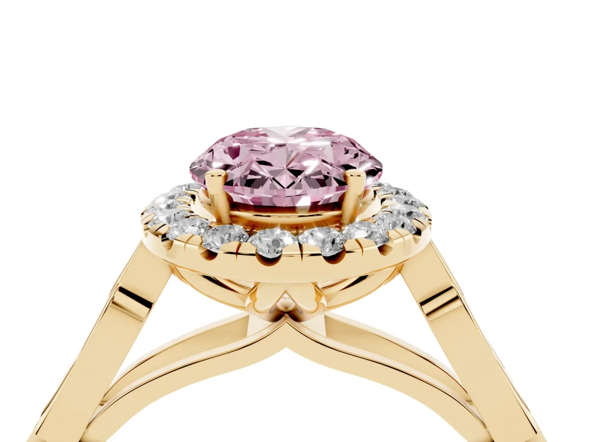Fancy Pink Oval Cut Halo Diamond Engagement Ring with Filigree Band and Four-Prong Setting Yellow gold