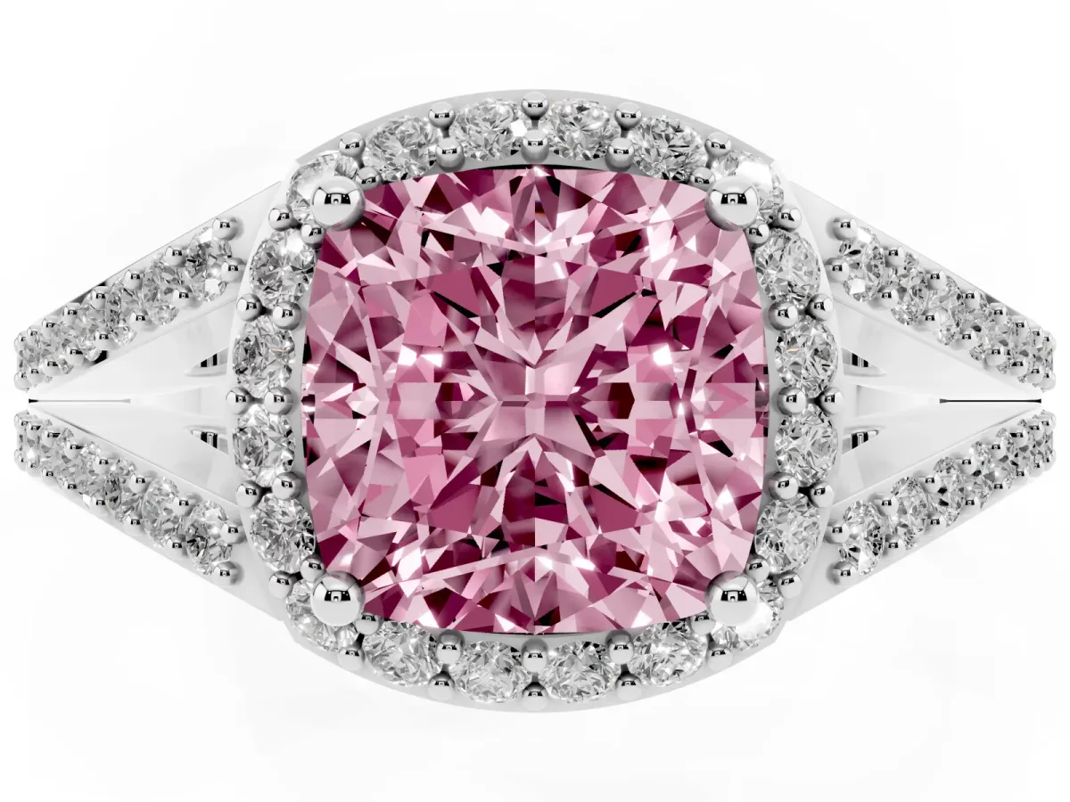 Fancy Pink Cushion Cut Halo Split Shank Diamond Ring with Prong Setting Silver