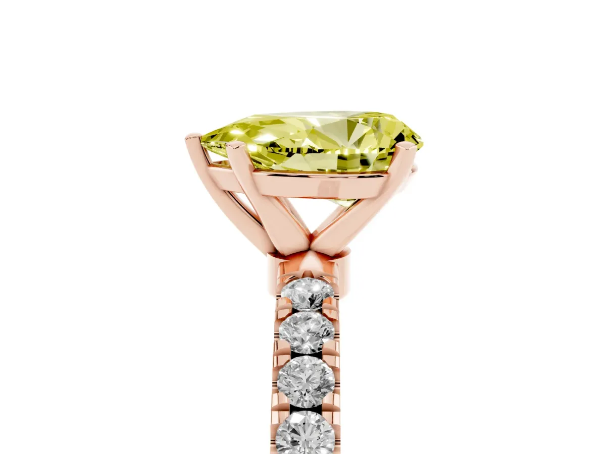 Fancy Yellow Pear Cut Diamond Solitaire Ring with Pavé Accents and Four-Prong Setting Rose gold