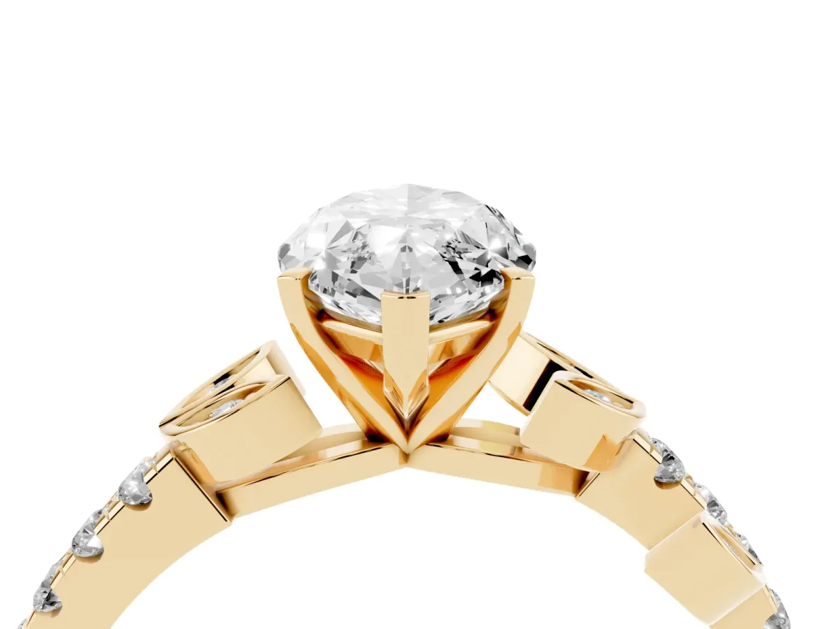Marquise Cut Solitaire Leaf-Inspired Diamond Ring with Pavé Band and Four-Prong Setting Yellow gold
