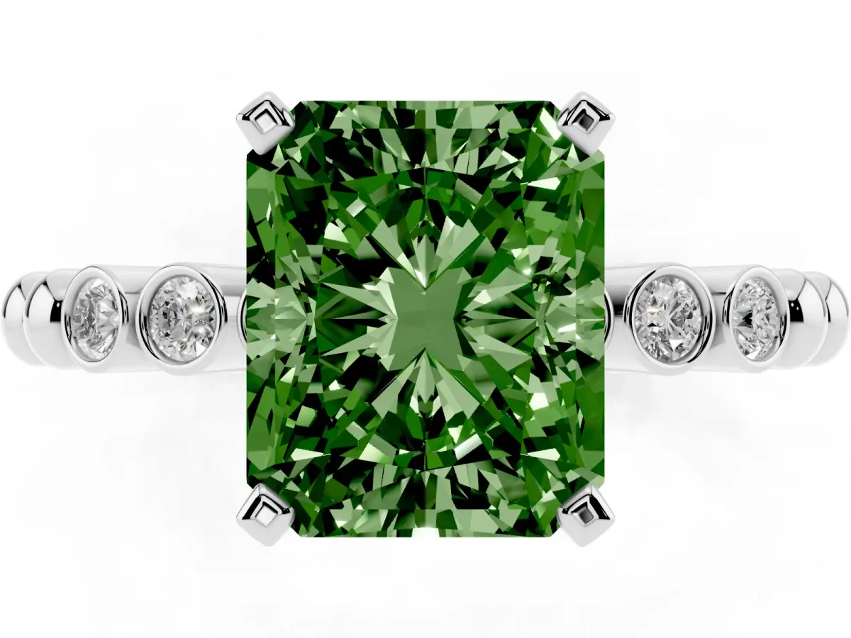 Fancy Green Radiant Cut Solitaire Bezel Accent Diamond Engagement Ring with Beaded Band and Four-Prong Setting Silver
