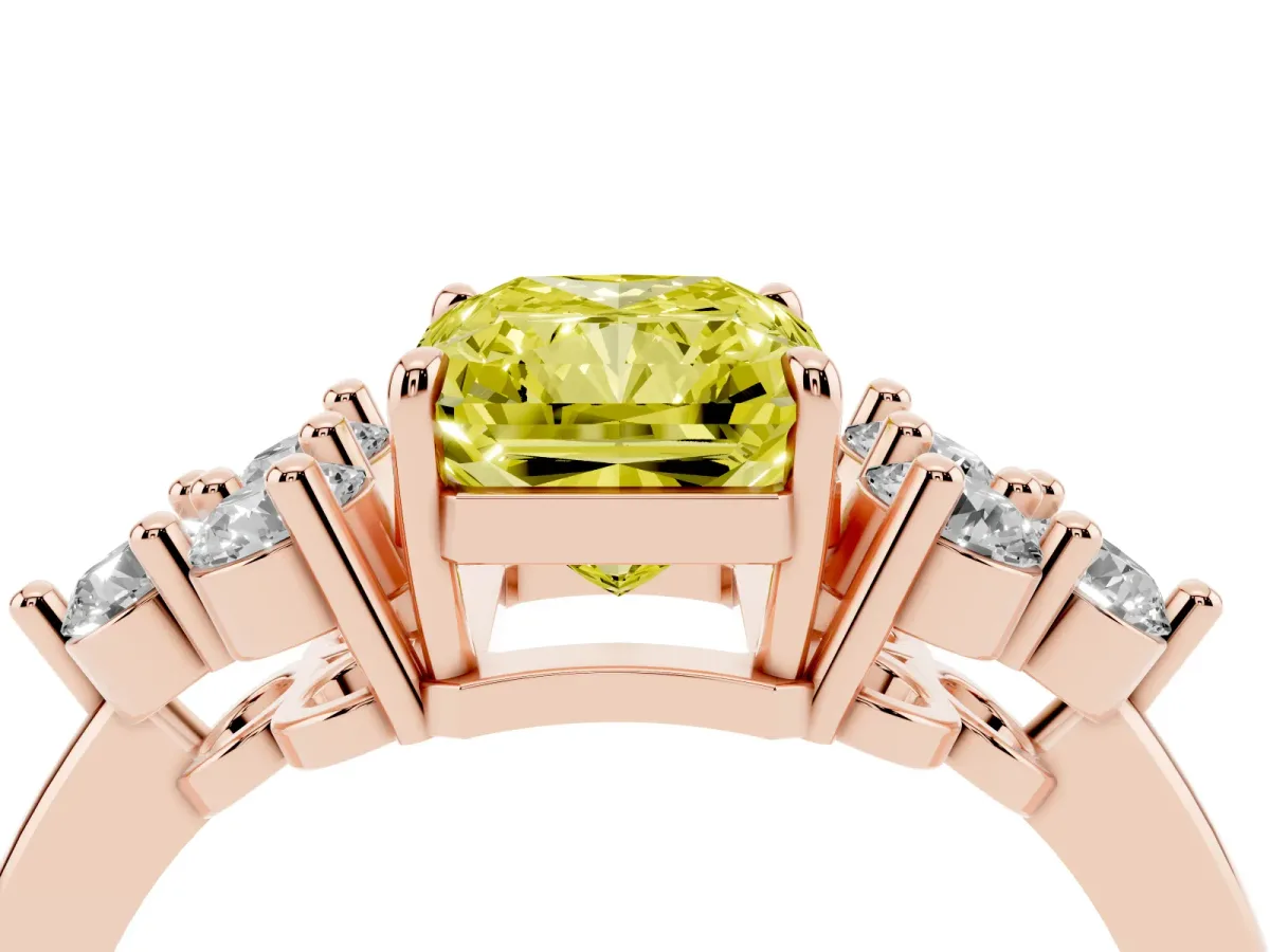 Fancy Yellow Radiant Cut Brilliant Diamond Cluster Accent Solitaire Ring with Prong Setting Rose gold