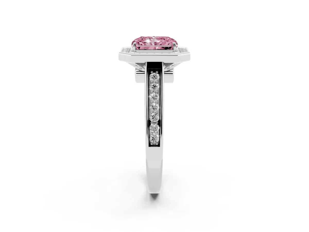 Fancy Pink Radiant Cut Halo Solitaire Diamond Ring with Pave Band and Bezel Setting White gold