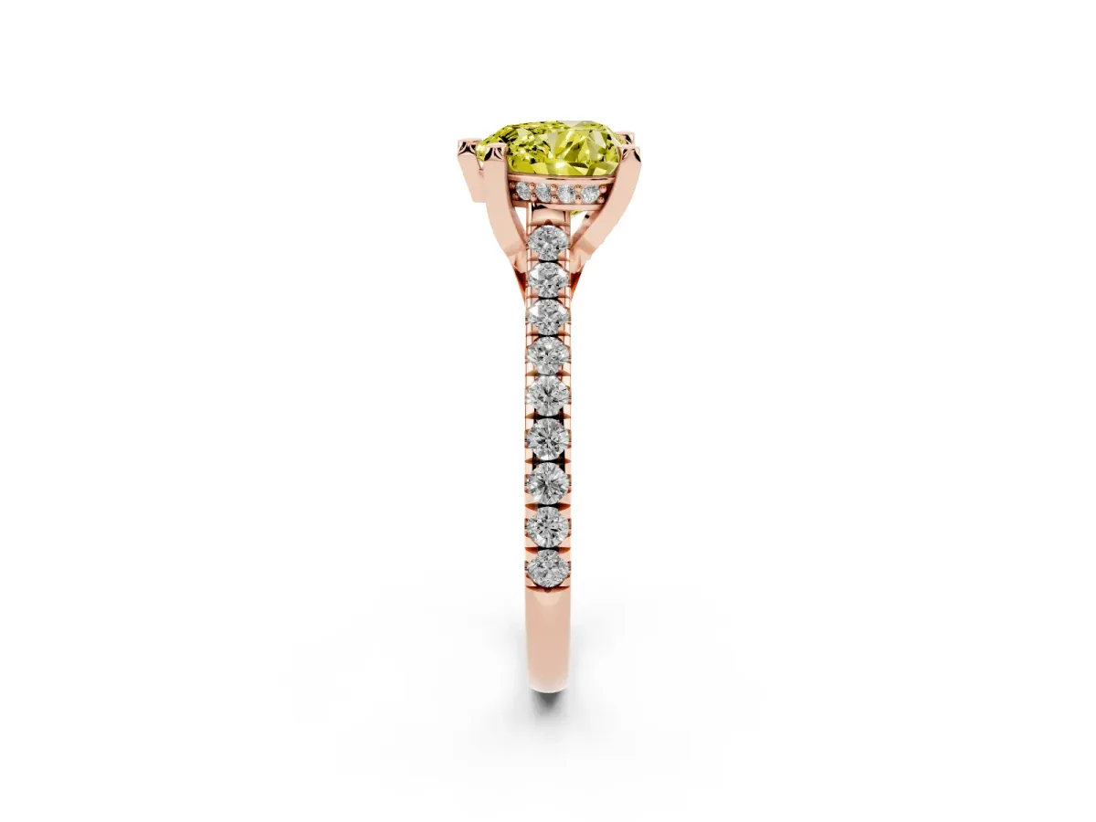 Fancy Yellow Heart Cut Brilliant Diamond Solitaire with Pavé Band and Four-Prong Setting Rose gold