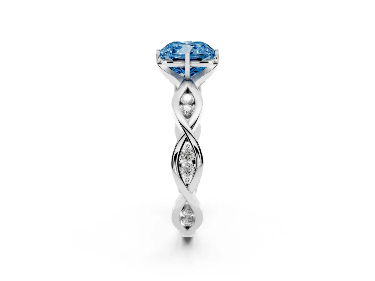 Fancy Blue Cushion Cut Solitaire Twist Band with Leaf Prong Setting Silver