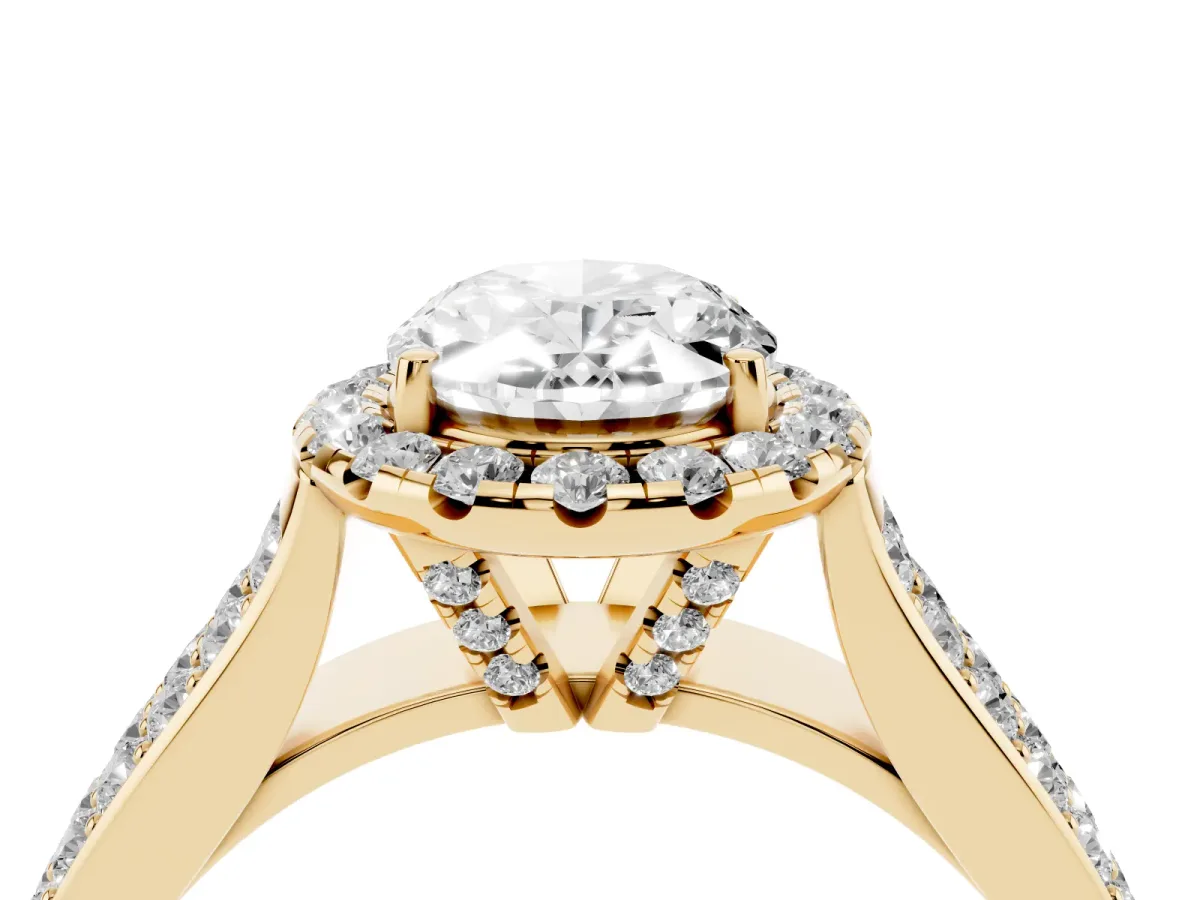 Oval Cut Halo Round Diamond Pave Band with Prong Setting Yellow gold