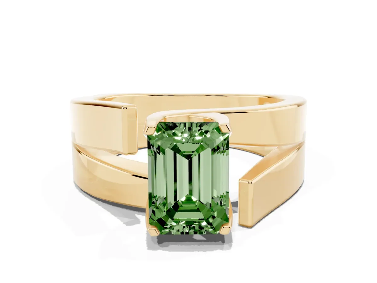 Fancy Green Modern Tension Set Emerald Cut Diamond Solitaire Wide Band Ring Yellow gold