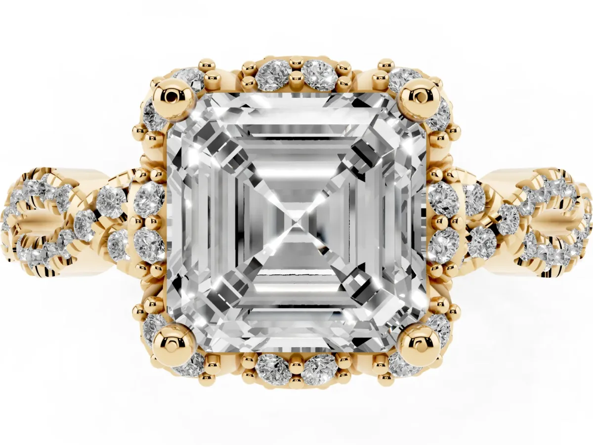 Asscher Cut Halo Twist Band Solitaire Ring with Six-Prong Setting Yellow gold