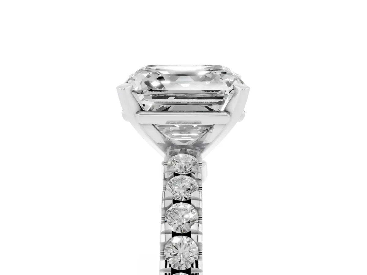 Asscher Cut Solitaire Diamond with Pavé Band and Four-Prong Setting Silver