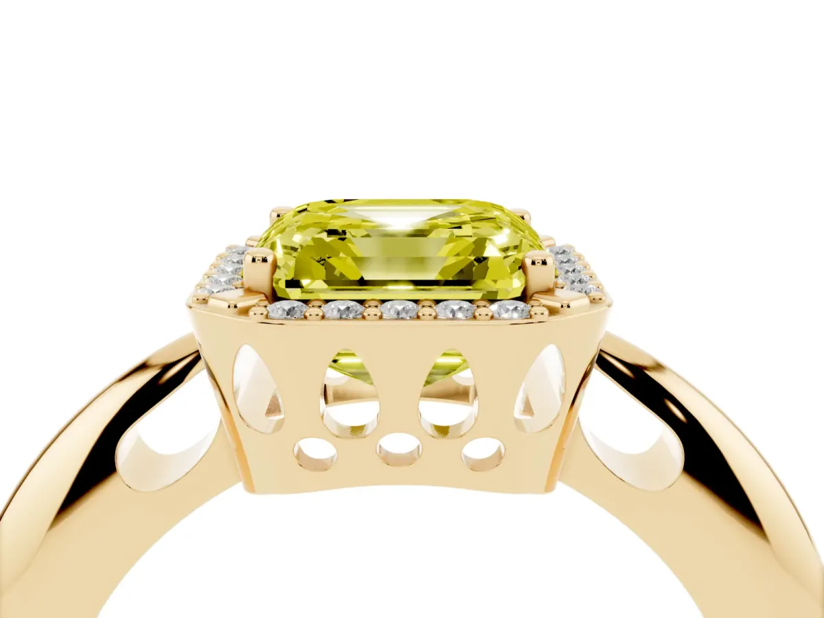 Fancy Yellow Asscher Cut Cut Diamond Halo Engagement Ring with Split Shank and Four-Prong Setting Yellow gold