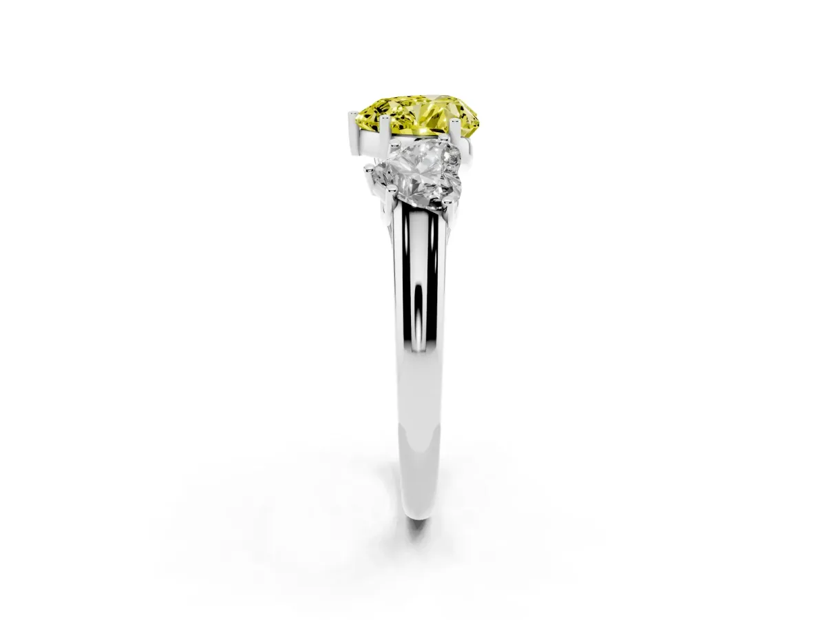 Fancy Yellow Three-Stone Heart Cut Diamond Engagement Ring with Prong Setting Platinum