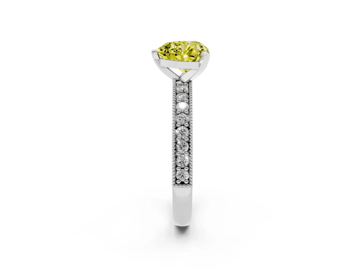 Fancy Yellow Heart Cut Diamond Milgrain Pavé Engagement Ring with Four-Prong Setting Silver