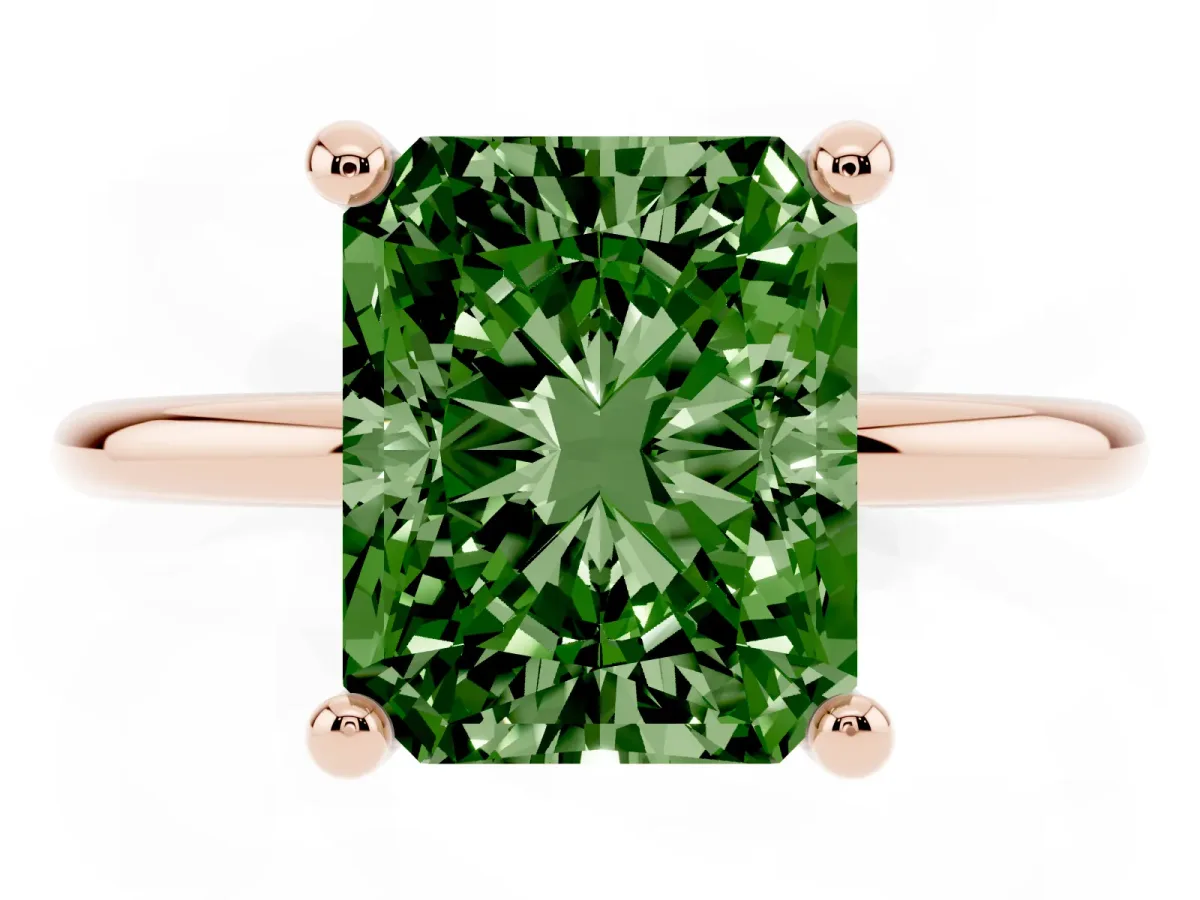 Fancy Green Radiant Cut Solitaire Diamond Ring with 4-Prong Setting on a Classic Band Rose gold