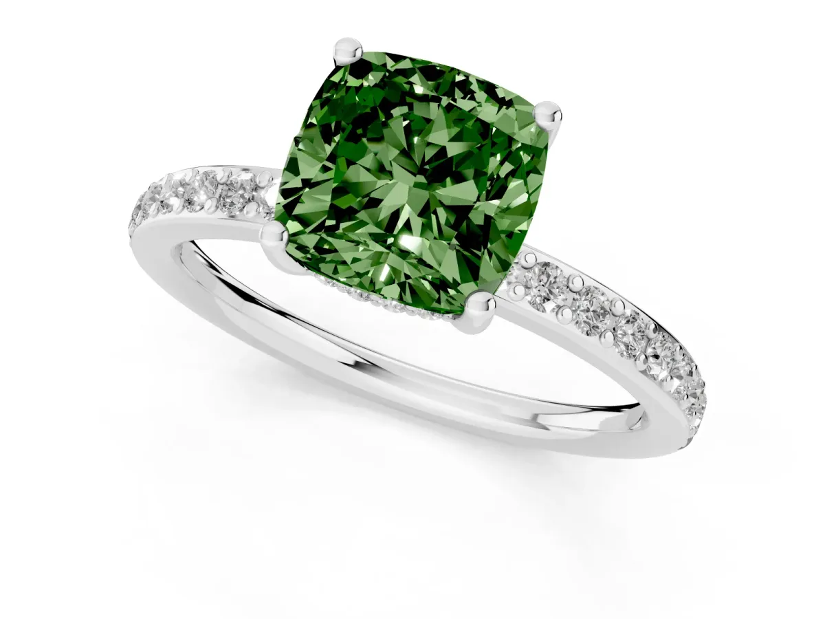 Fancy Green Cushion Cut Cut Diamond Pavé Band Ring with Four-Prong Setting Silver