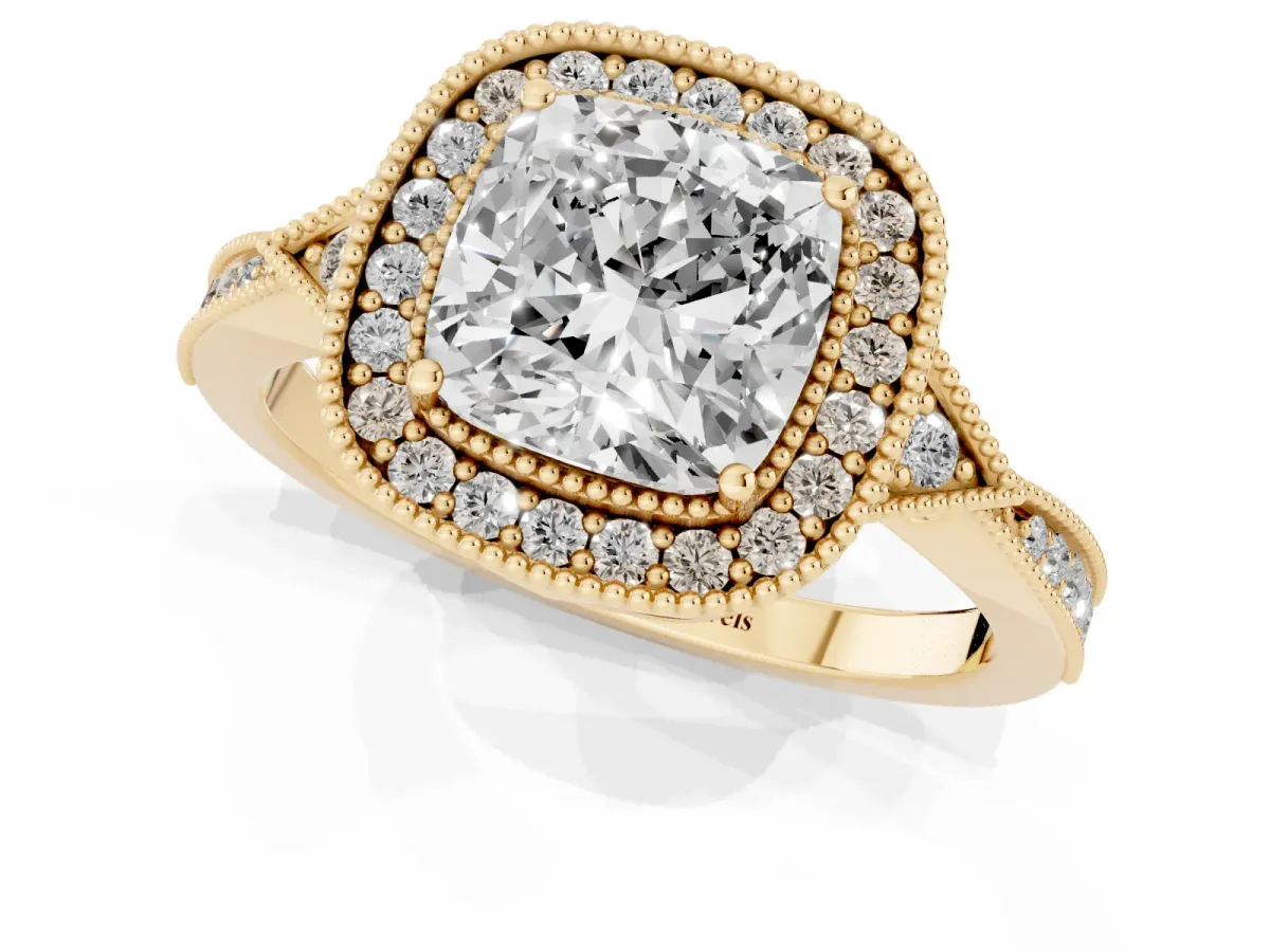 Cushion Cut Halo Round Diamond Milgrain Pave Engagement Ring Yellow gold