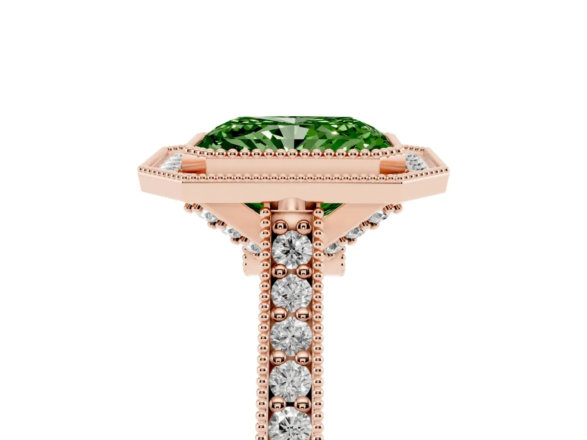 Fancy Green Halo Radiant Cut-Cut Diamond Pave Band Milgrain Prong Setting Ring Rose gold