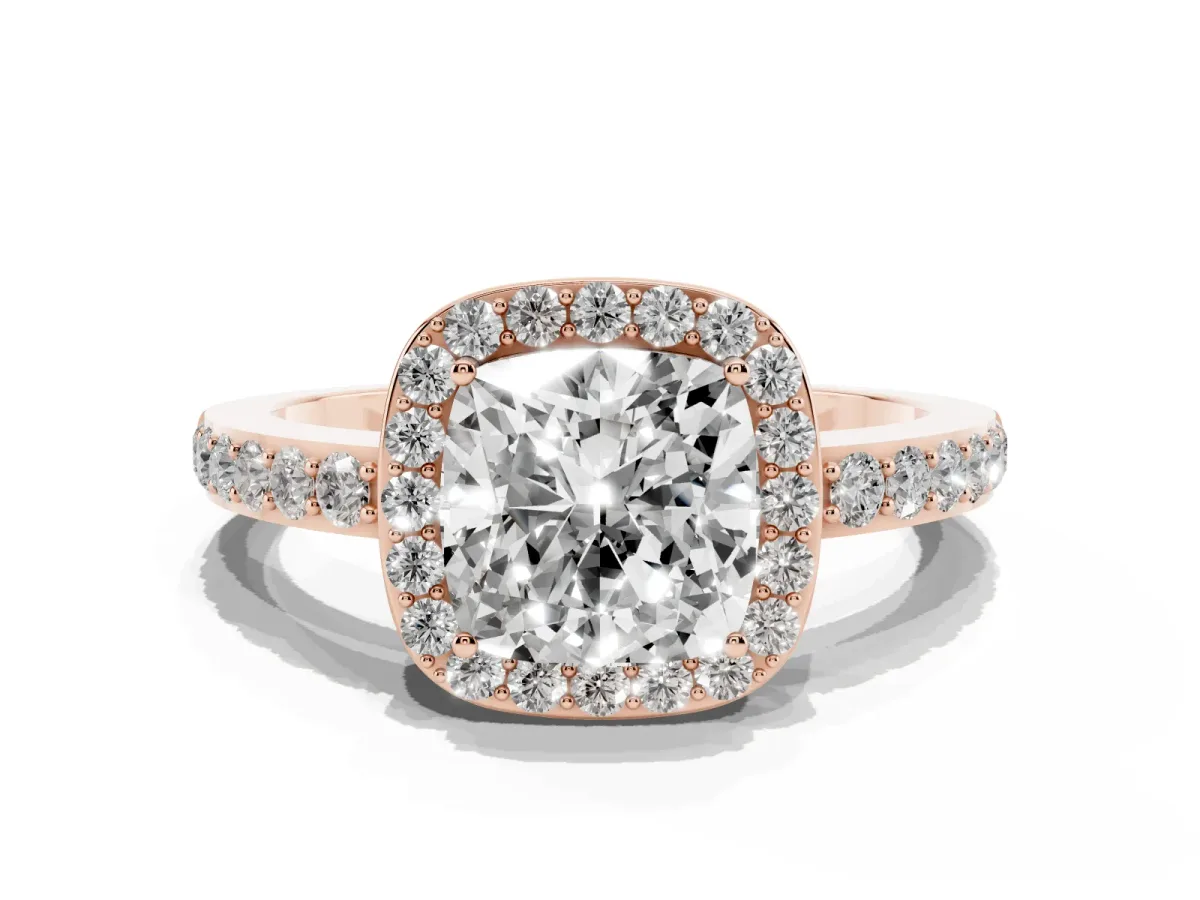 Cushion Cut Halo Diamond Pavé Band Ring with Prong Setting Rose gold