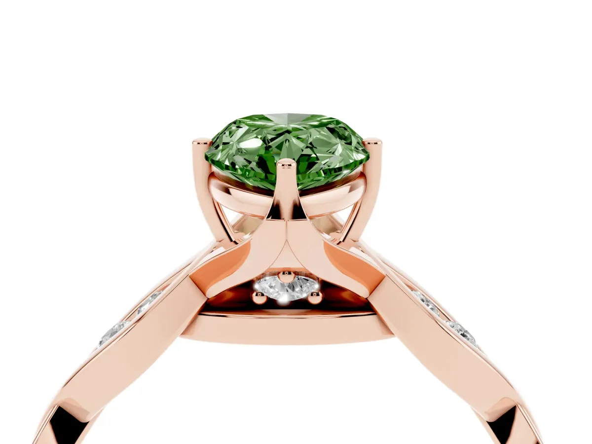 Fancy Green Pear Cut Solitaire Twist Band with Leaf Prong Setting Rose gold