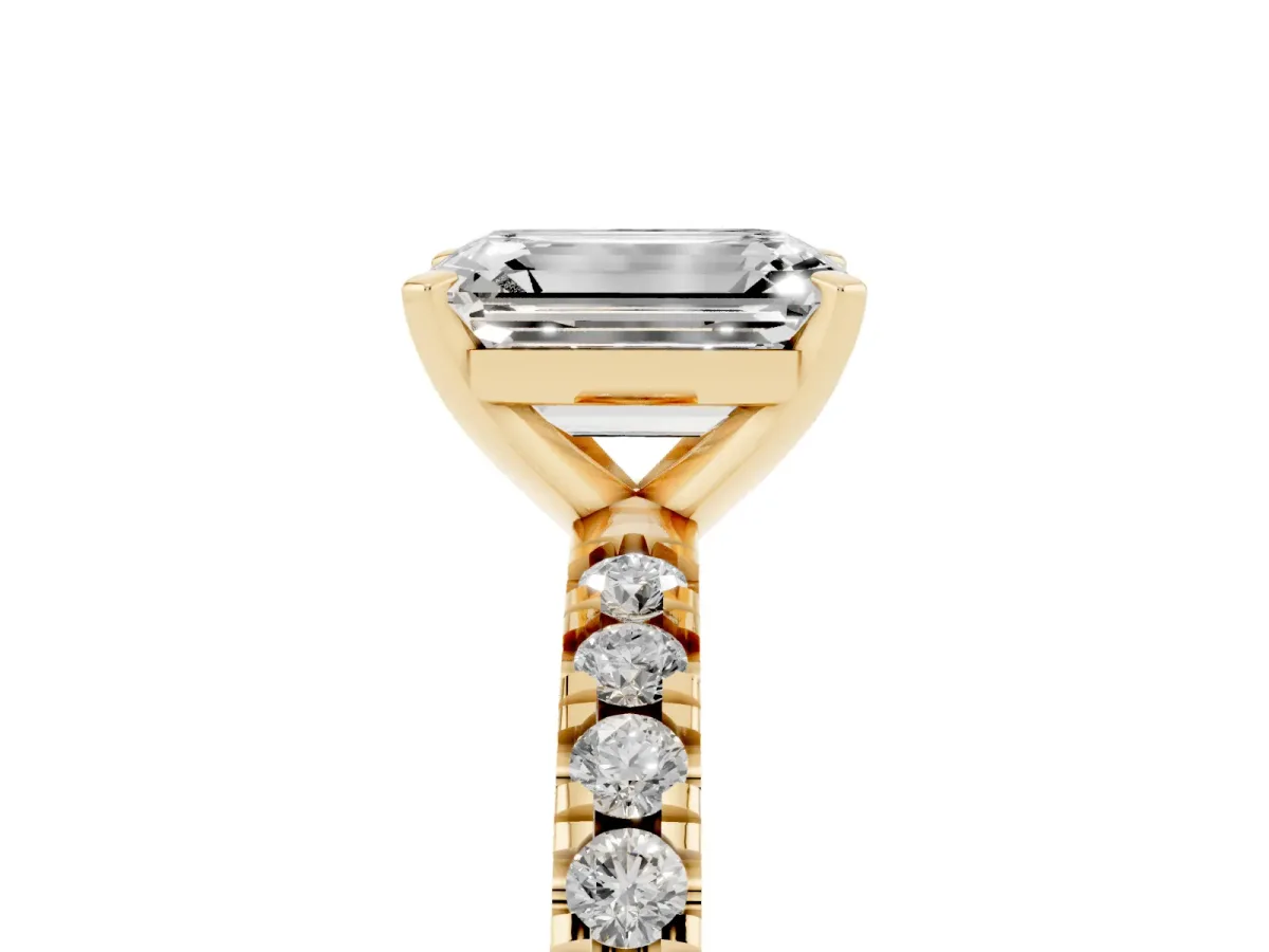 Emerald Cut Diamond Pavé Band Solitaire with Four-Prong Setting Yellow gold