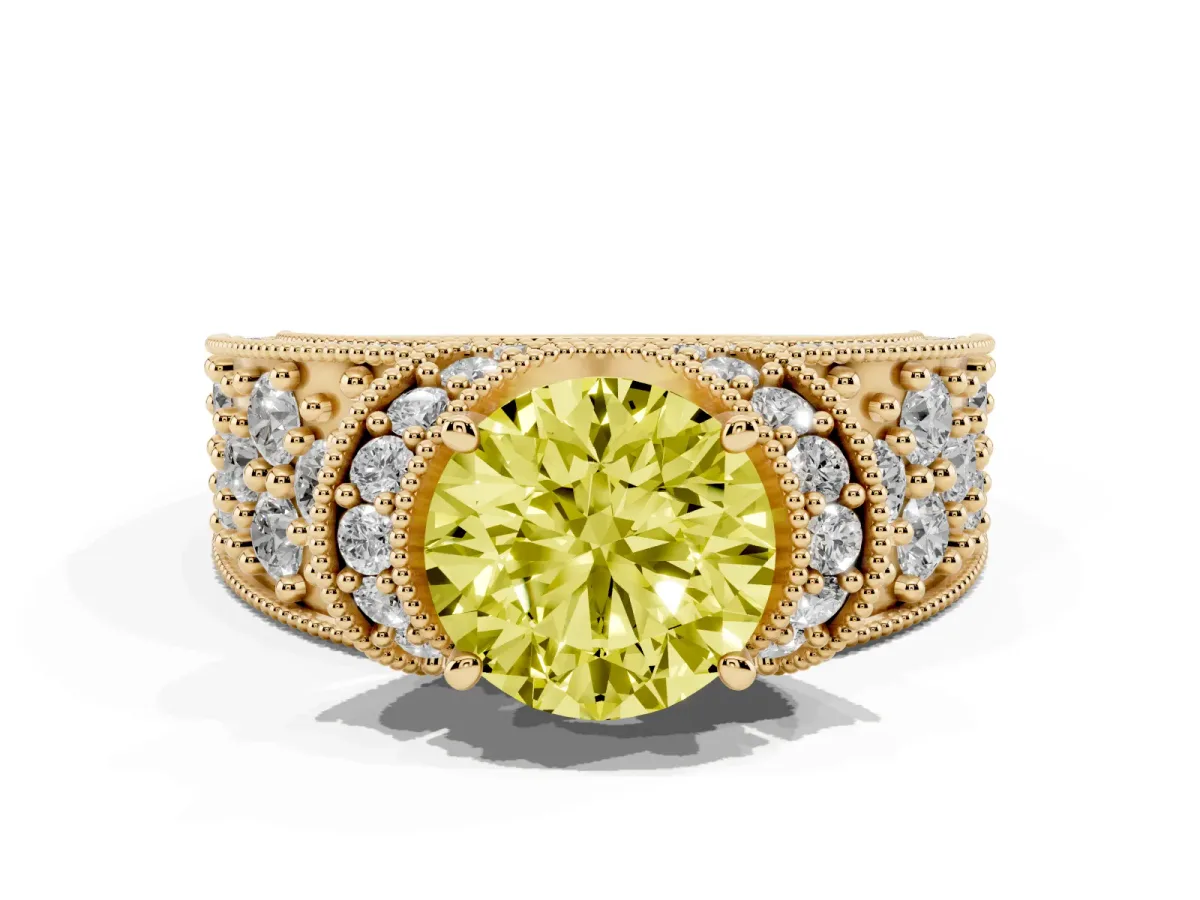 Fancy Yellow Round Cut Halo Pave Diamond Engagement Ring with Milgrain Detailing Yellow gold