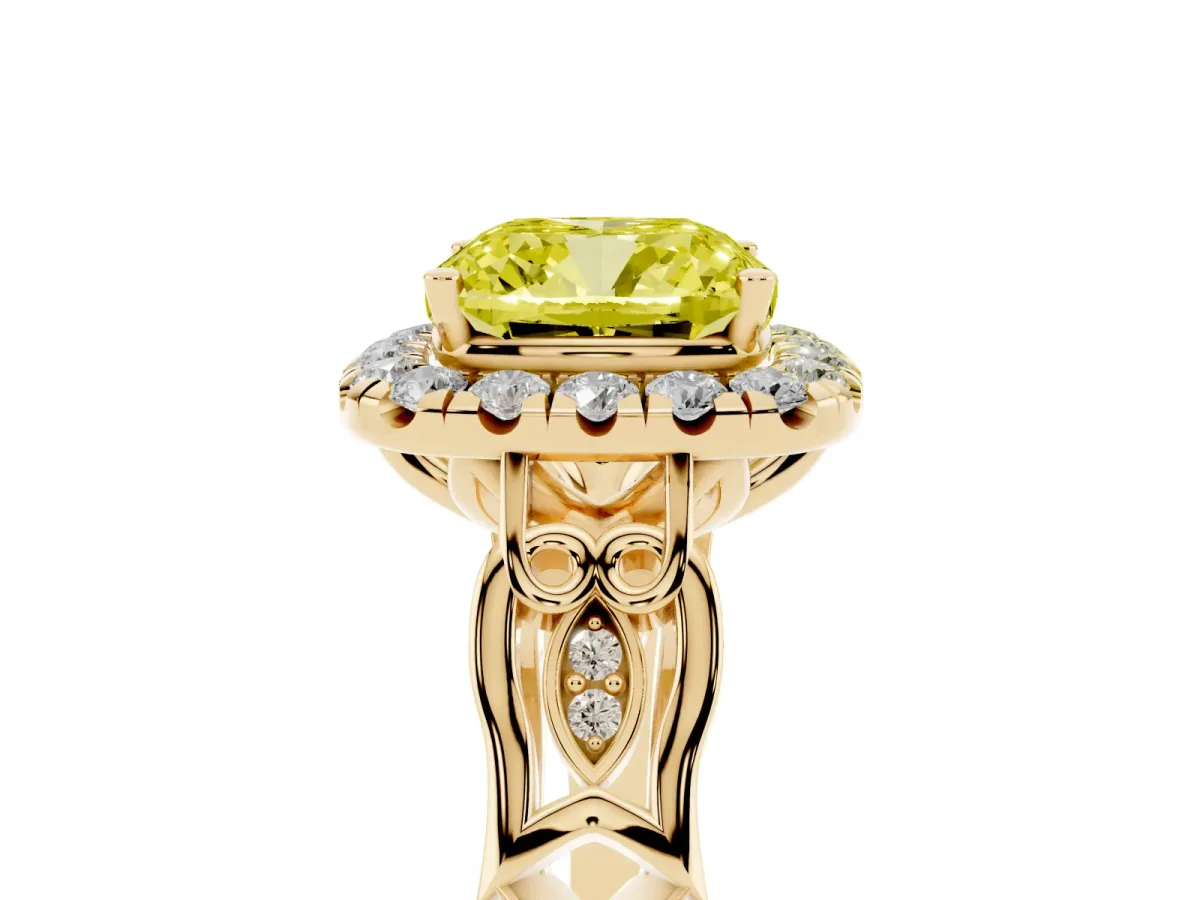 Fancy Yellow Cushion Cut Halo Diamond Engagement Ring with Filigree Band and Four-Prong Setting Yellow gold