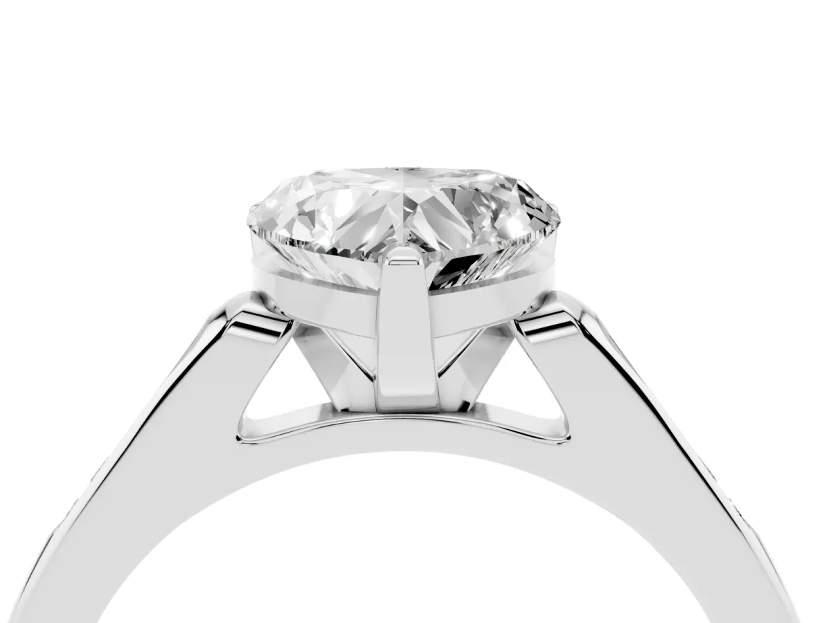 Heart Cut Diamond Solitaire Ring with Channel Set Round Band and Prong Setting Silver