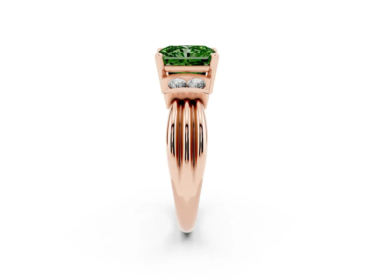 Fancy Green Radiant Cut Cut Three-Stone Channel Set Ring with Bar Prongs Rose gold