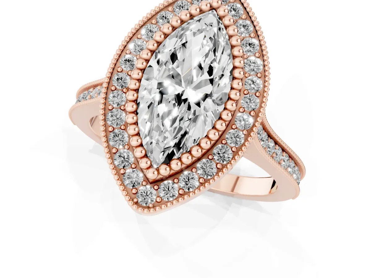 Marquise Cut Diamond Halo Ring with Milgrain Frame and Pavé Band Rose gold
