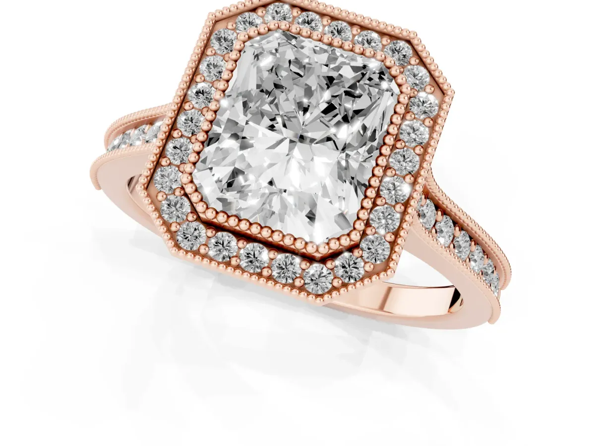 Halo Radiant Cut-Cut Diamond Pave Band Milgrain Prong Setting Ring Rose gold