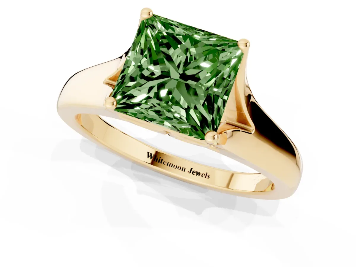 Fancy Green Princess Cut Solitaire Diamond Ring with Cathedral Band and Four-Prong Setting Yellow gold