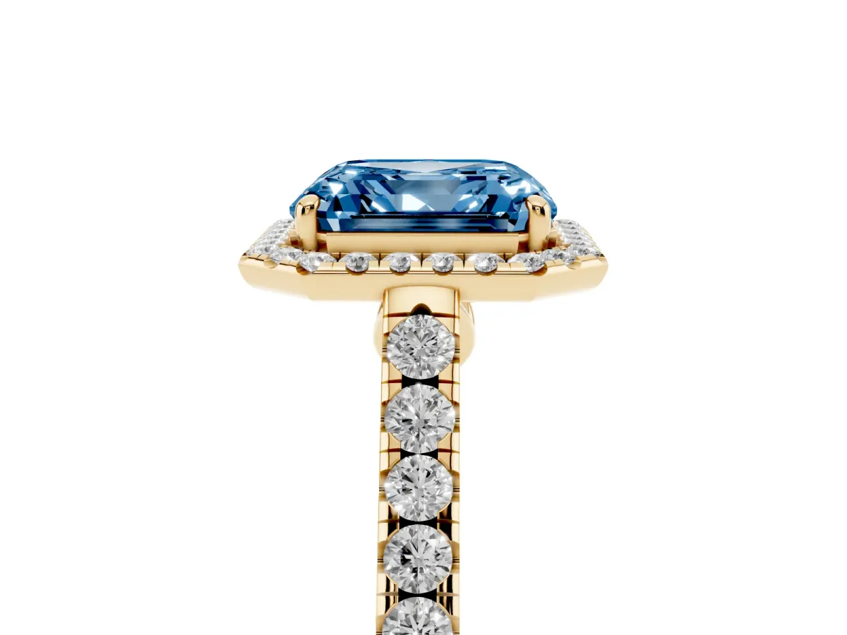 Fancy Blue Asscher Cut Halo Pave Diamond Engagement Ring with Four-Prong Setting Yellow gold