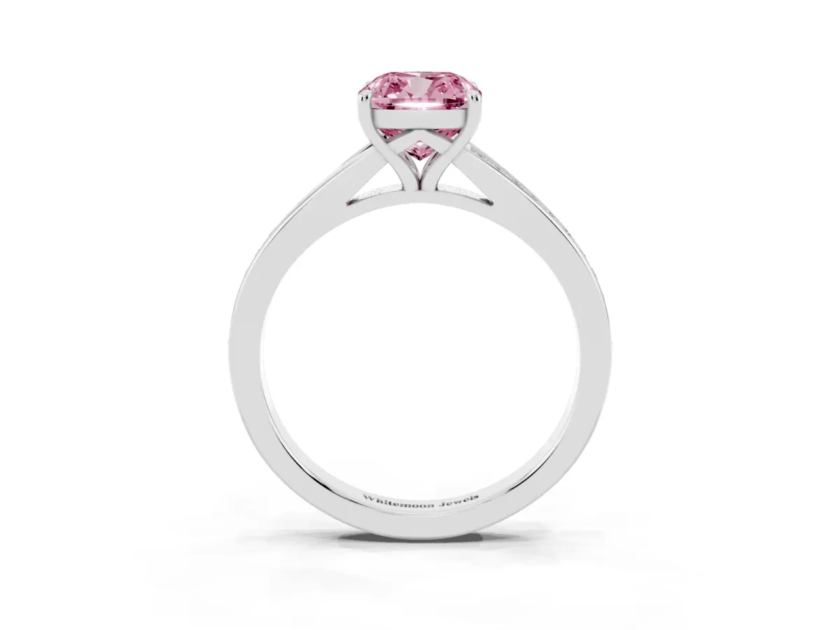 Fancy Pink Cushion Cut Diamond Solitaire Ring with Pavé Band and Prong Setting Silver