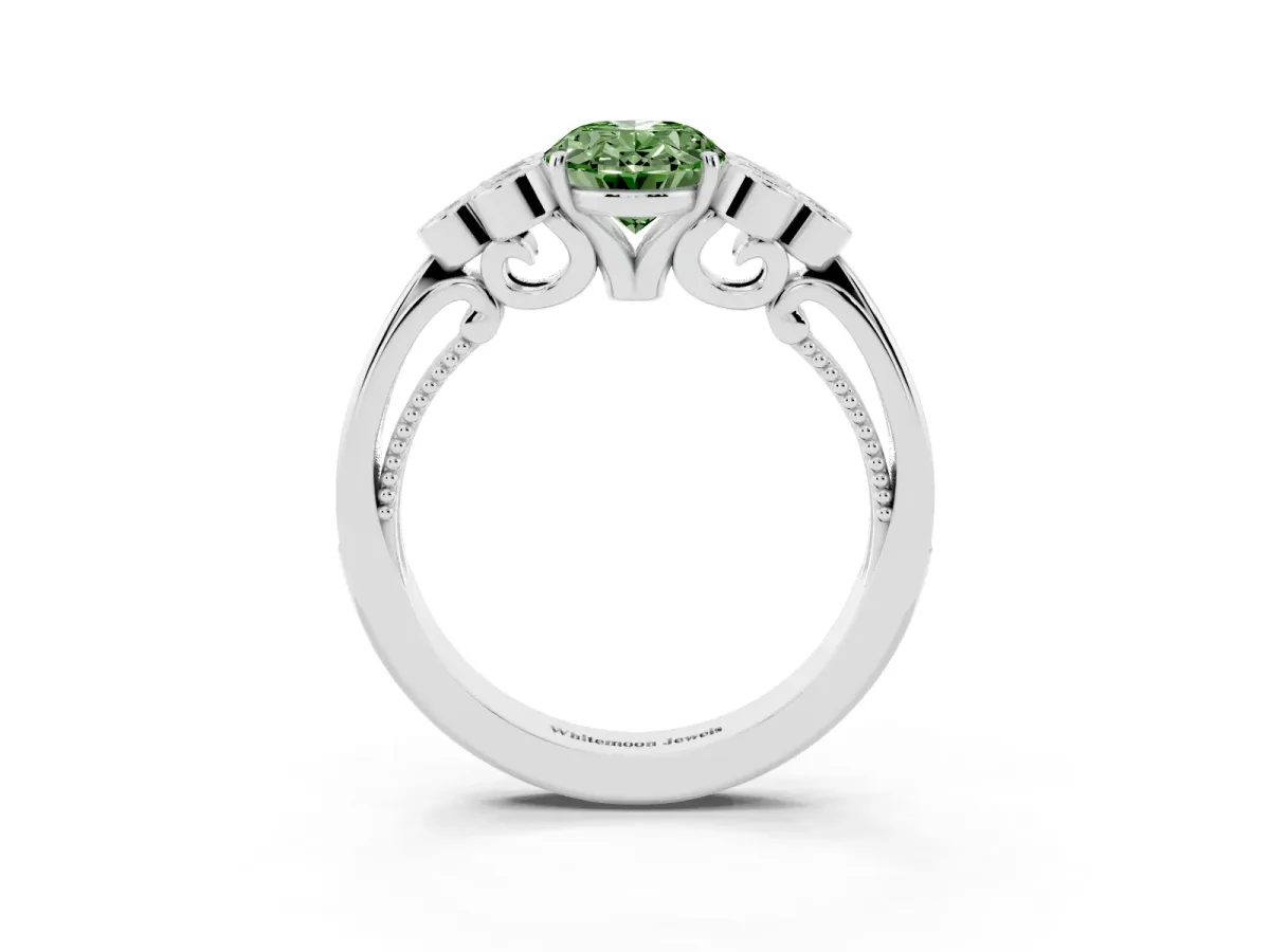 Fancy Green Oval Cut Cut Diamond Engagement Ring with Bezel Set Round Side Stones and Prong Setting Silver